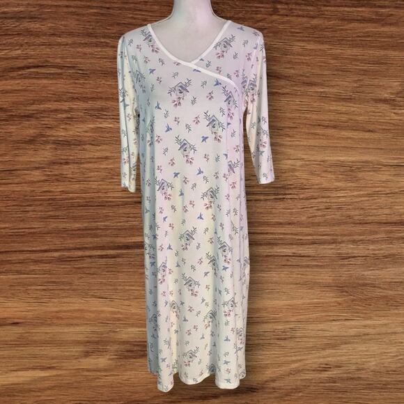 Cuddledown Size S Pima Cotton Nightgown Bird Floral Nature Print Midi Length - Picture 1 of 6
